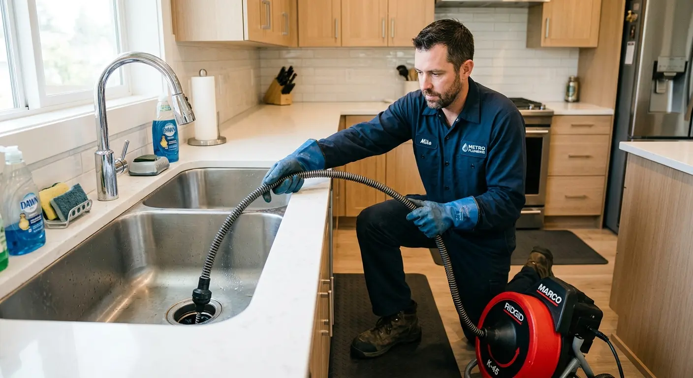 Drain cleaning technician using a motorized snake on a kitchen sink in Columbus