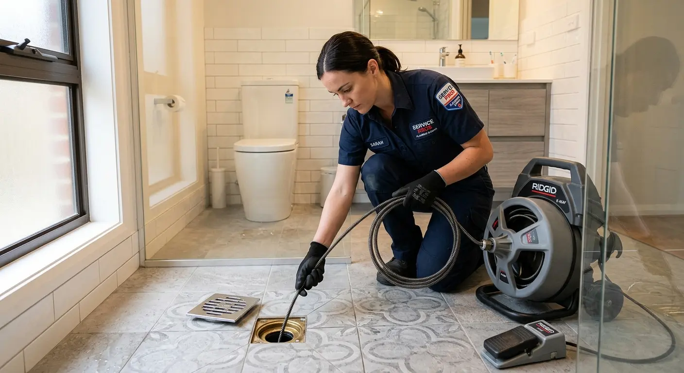 Technician clearing a bathroom floor drain for Drain Cleaning in Columbus